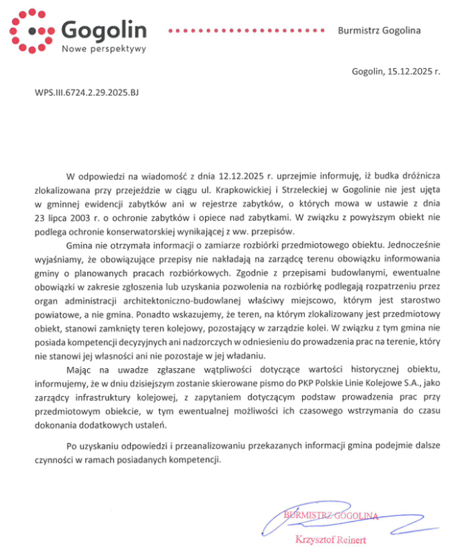 Pismo otrzymane od Urzędu Miejskiego w Gogolinie, podpisane przez burmistrza Krzysztofa Reinerta w sprawie budki dróżniczej