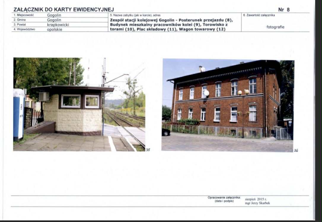Karta ewidencyjna zabytku nieruchomego, Gogolin, Zespół Stacji Kolejowej